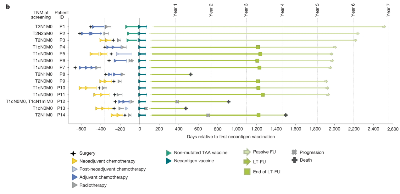 Overview of prior treatment, vaccination, follow-up and relapses for each of the 14 patients.